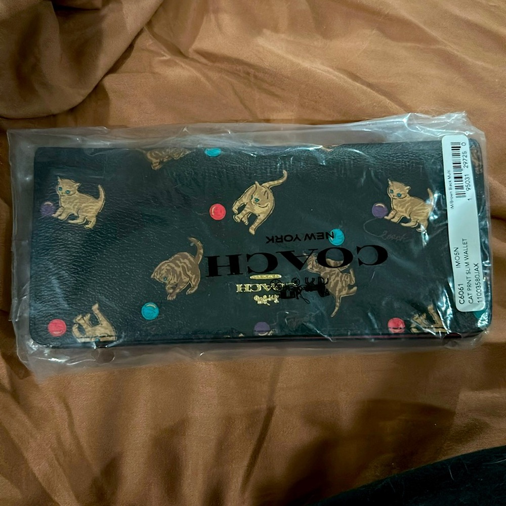 NWT Coach C6061 Slim Wallet With Cat Print in Brown Black Multi